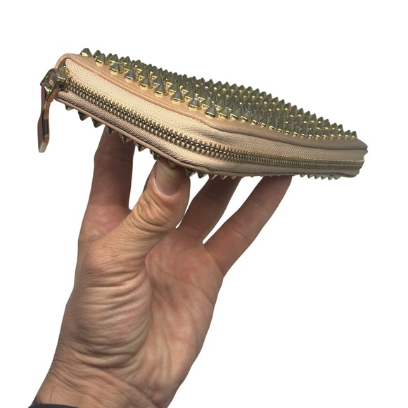 Christian Louboutin Studded Leather Zip‎ Around Wallet Nude Gold Spikes - Picture 8 of 11